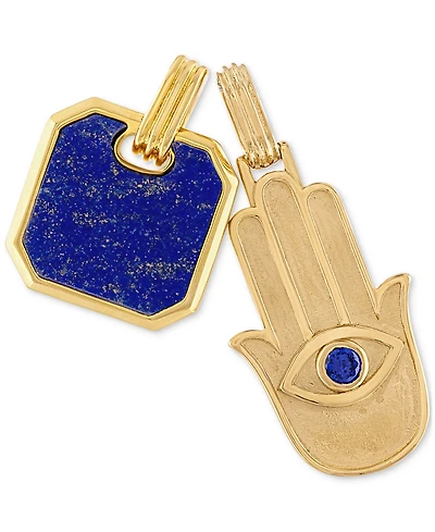 Esquire Men's Jewelry 2-Pc. Set Lapis Lazuli & Cubic Zirconia Dog Tag & Hamsa Hand Amulet Pendants in 14k Gold-Plated Sterling Silver, Created for Mac