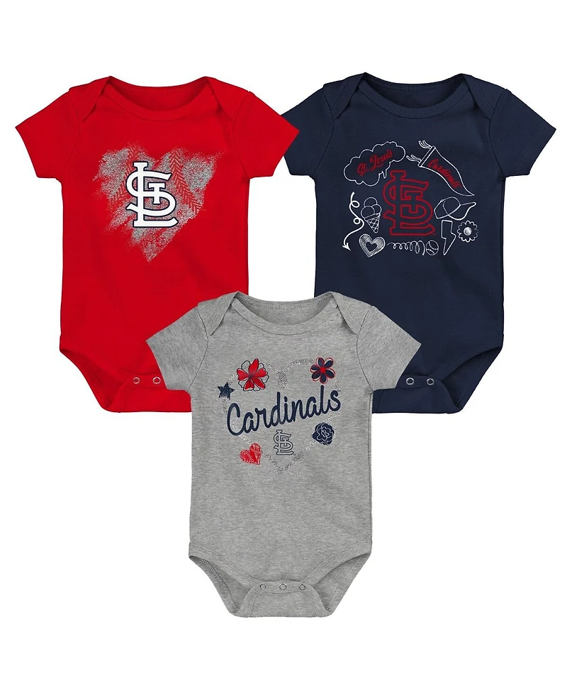 Girls Newborn and Infant Red, Navy, Heathered Gray St. Louis Cardinals 3-Pack Batter Up Bodysuit Set