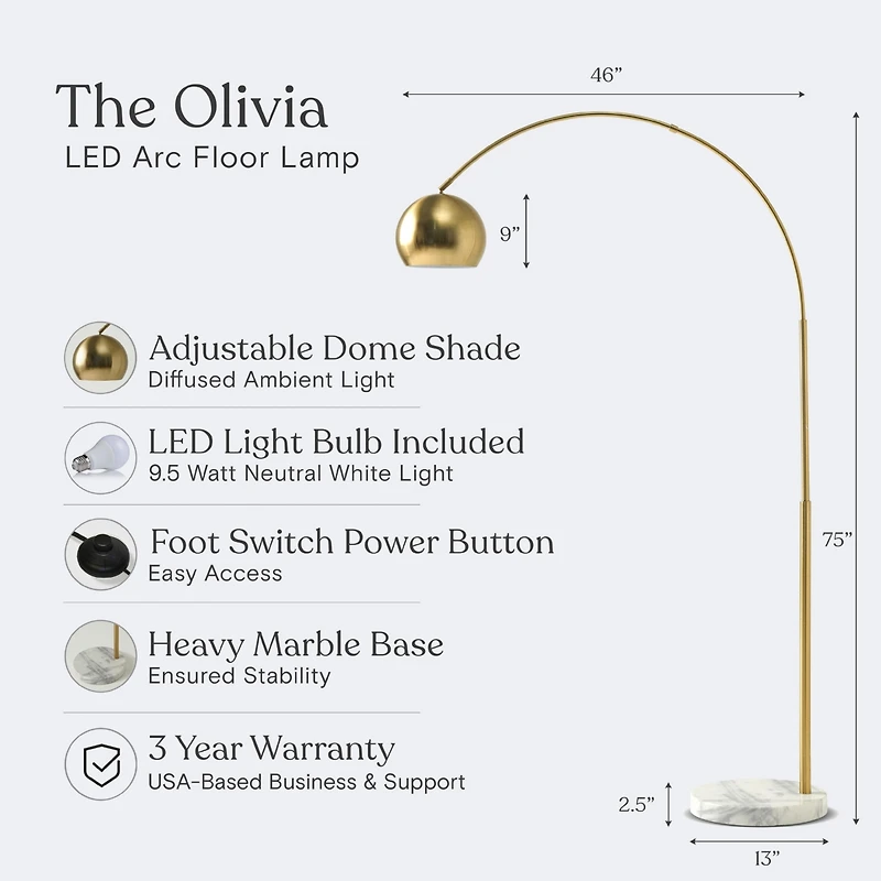 Olivia Led Contemporary Arc Floor Lamp with Heavy-Weighted Marble Base (75"), Bulb Included