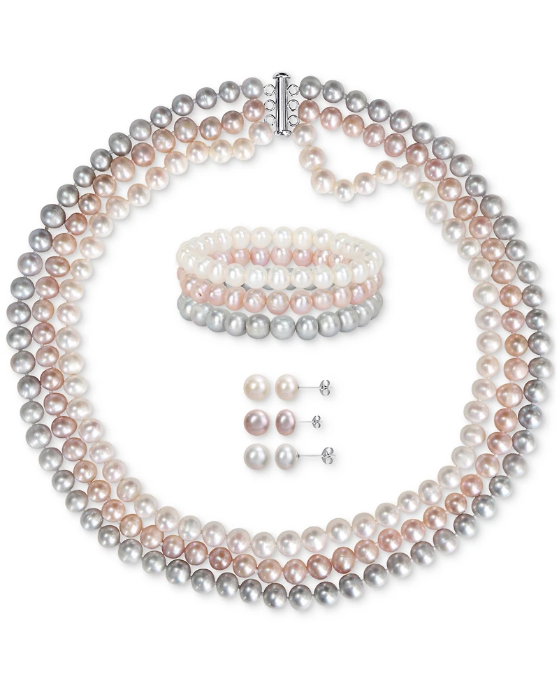 7-Pc. Set White, Black, & Gray Cultured Freshwater Pearl (7-1/2 - 8mm) Necklace, Bracelets, & Stud Earrings