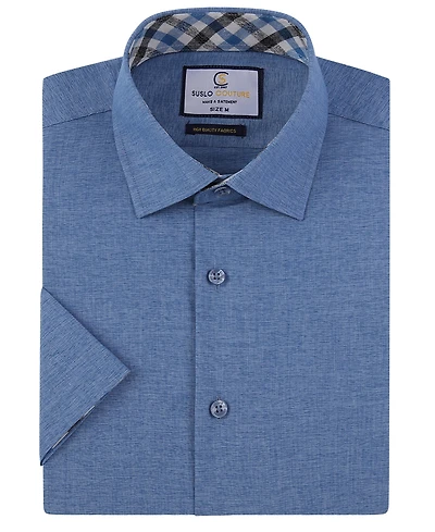 Suslo Couture Men's Slim Fit Linen Look Short Sleeve Button Down Shirt