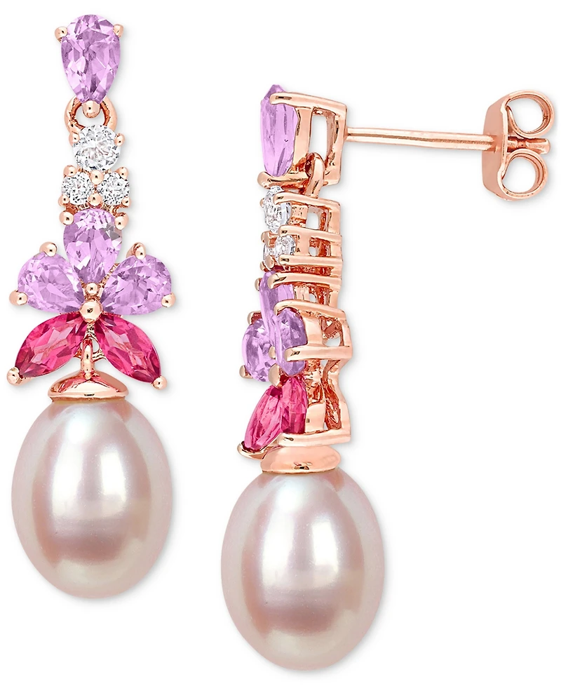 Pink Cultured Freshwater Oval Pearl & Multi-Gemstone (2-1/3 ct. t.w.) Drop Earrings in 18k Rose Gold- Plated Silver