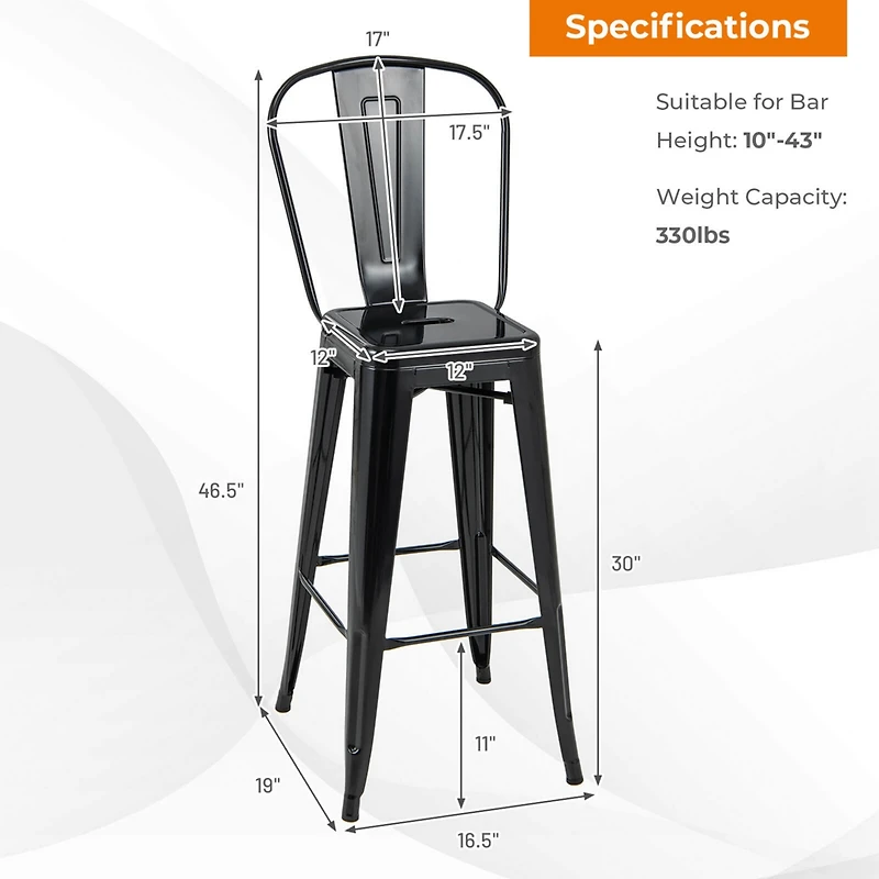 Costway Set of 4 High Back Metal Stool 30'' Seat Bar Height
