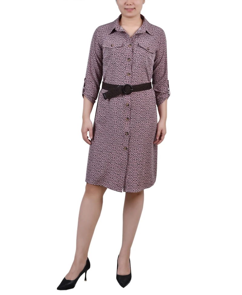 Ny Collection Women's 3/4 Roll Tab Sleeve Shirt Dress