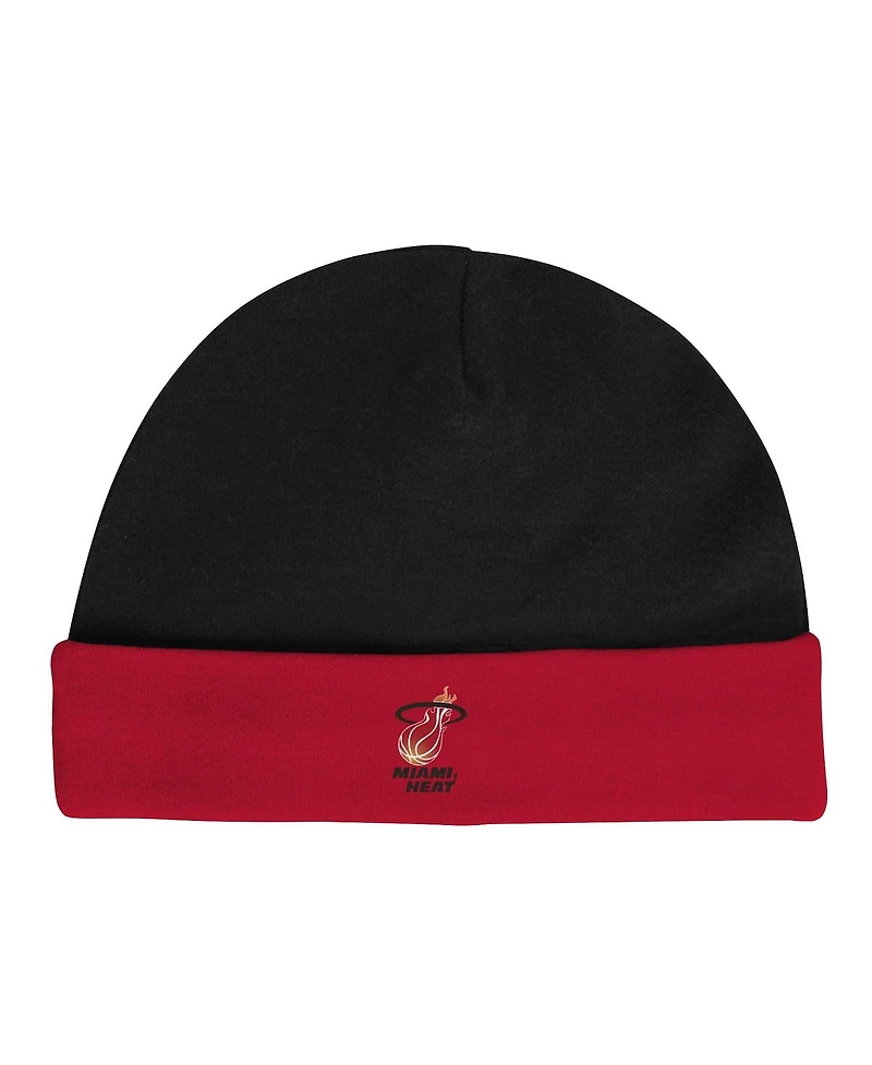 Infant Boys and Girls Mitchell & Ness Black, Red Miami Heat Hardwood Classics Bodysuits and Cuffed Knit Hat Set