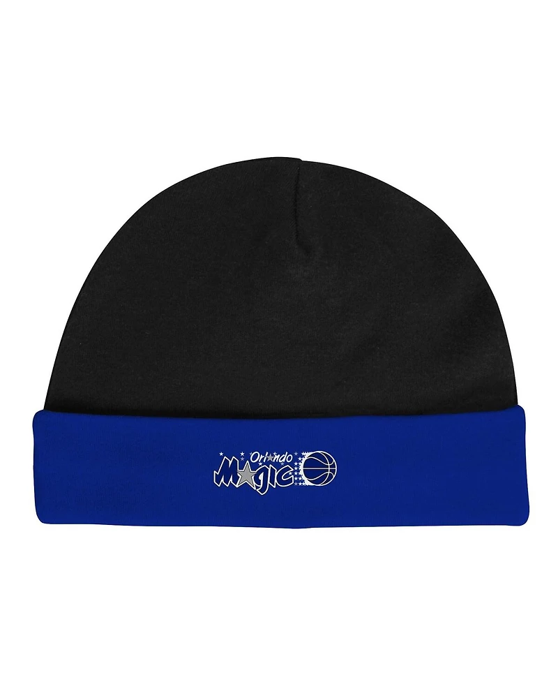 Infant Boys and Girls Mitchell & Ness Black, Blue Orlando Magic Hardwood Classics Bodysuits Cuffed Knit Hat Set