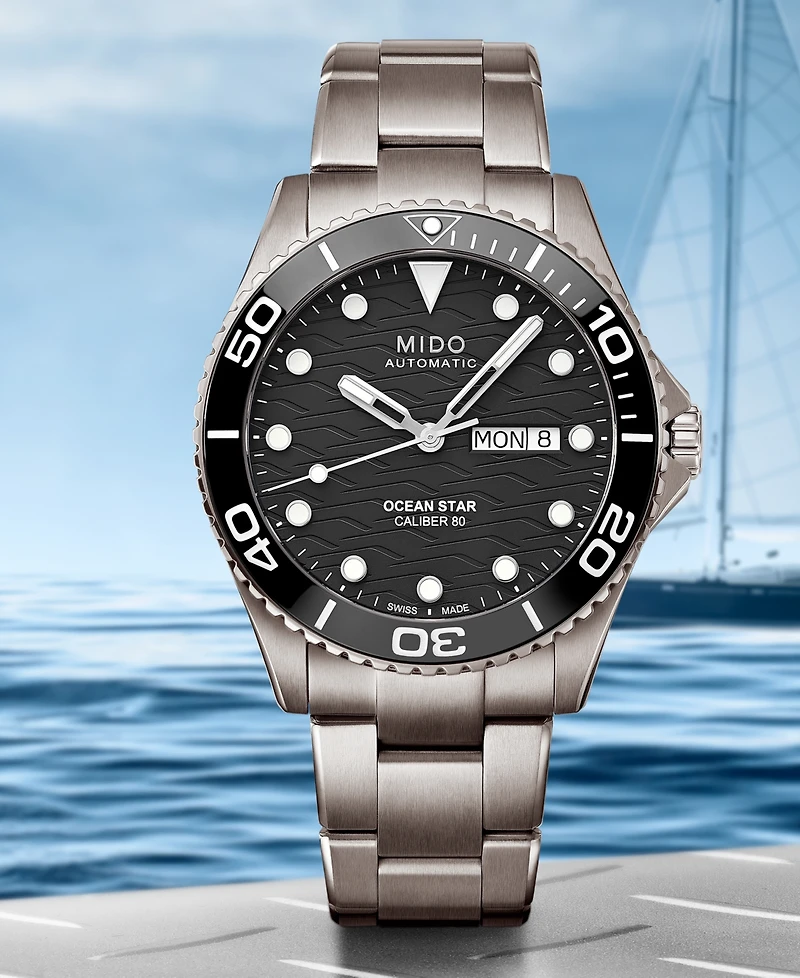 Mido Men's Swiss Automatic Ocean Star Silver-Tone Titanium Bracelet Watch 43mm