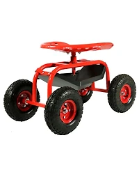 Outdoor Lawn and Garden Heavy-Duty Steel Rolling Gardening Cart with Adjustable Height Swivel Chair, Tool Tray, and Basket