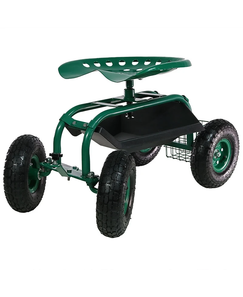 Rolling Gardening Cart with Adjustable 360-Degree Swivel Seat - Utility Tool Tray and Storage Basket - Green