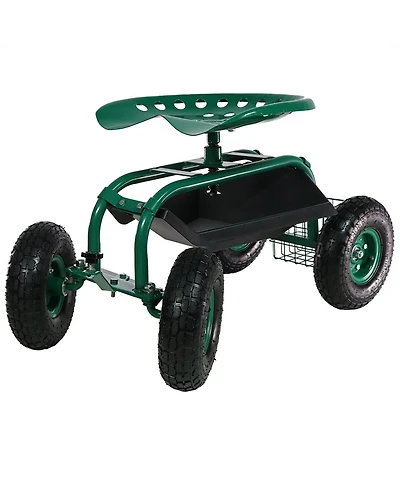 Rolling Gardening Cart with Adjustable 360-Degree Swivel Seat - Utility Tool Tray and Storage Basket - Green