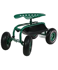 Rolling Gardening Cart with Adjustable 360-Degree Swivel Seat - Utility Tool Tray and Storage Basket - Green