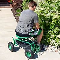 Rolling Gardening Cart with Adjustable 360-Degree Swivel Seat - Utility Tool Tray and Storage Basket - Green