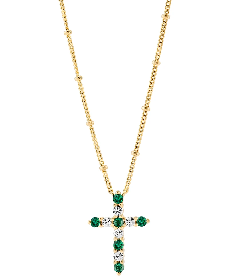Lab-Grown Emerald (1/4 ct. t.w.) & Lab-Grown White Sapphire (1/3 ct. t.w.) Cross Pendant Necklace in 14k Gold-Plated Sterling Silver, 16" + 2" extende