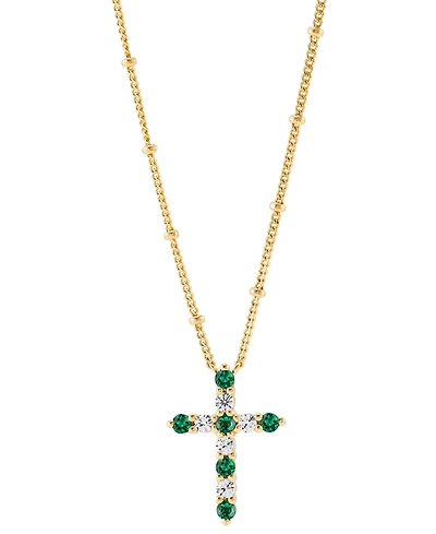 Lab-Grown Emerald (1/4 ct. t.w.) & Lab-Grown White Sapphire (1/3 ct. t.w.) Cross Pendant Necklace in 14k Gold-Plated Sterling Silver, 16" + 2" extende