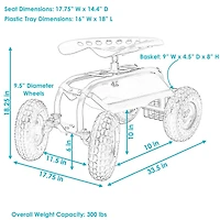 Rolling Gardening Cart with Adjustable 360-Degree Swivel Seat - Utility Tool Tray and Storage Basket