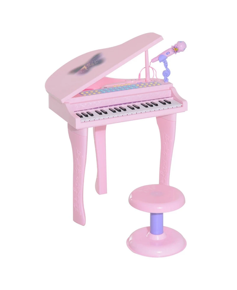Kids Piano Keyboard Drum Set with Sounds, Microphone, Light, Stool