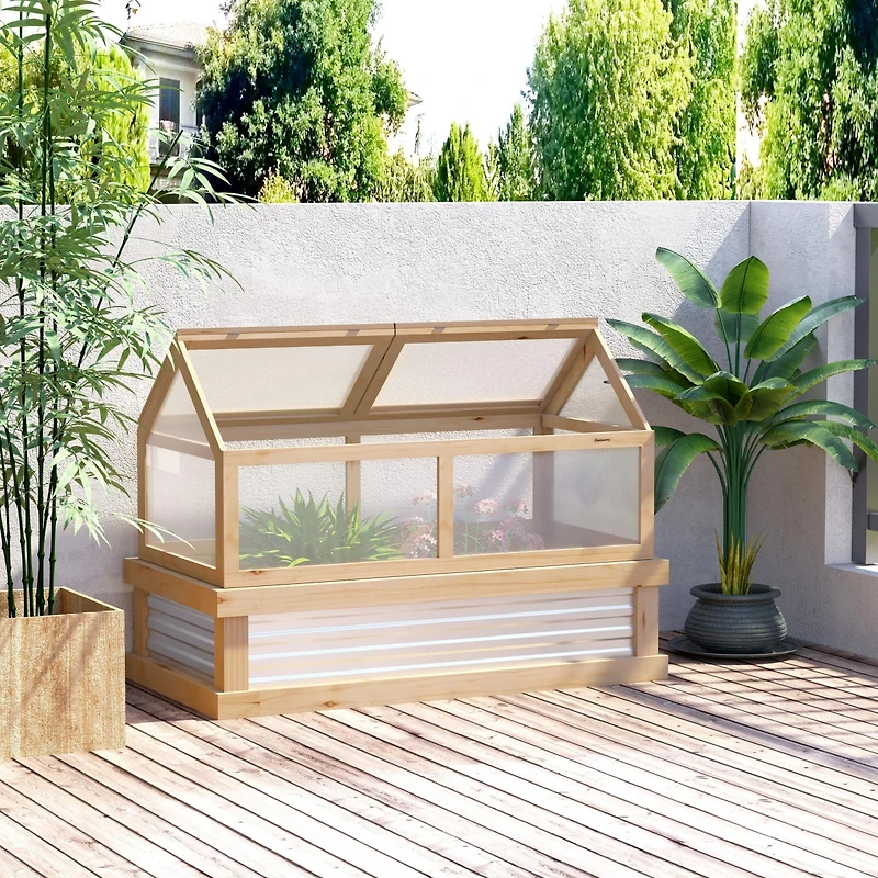 Outsunny Raised Garden Bed with house Wooden Cold Frame Natural