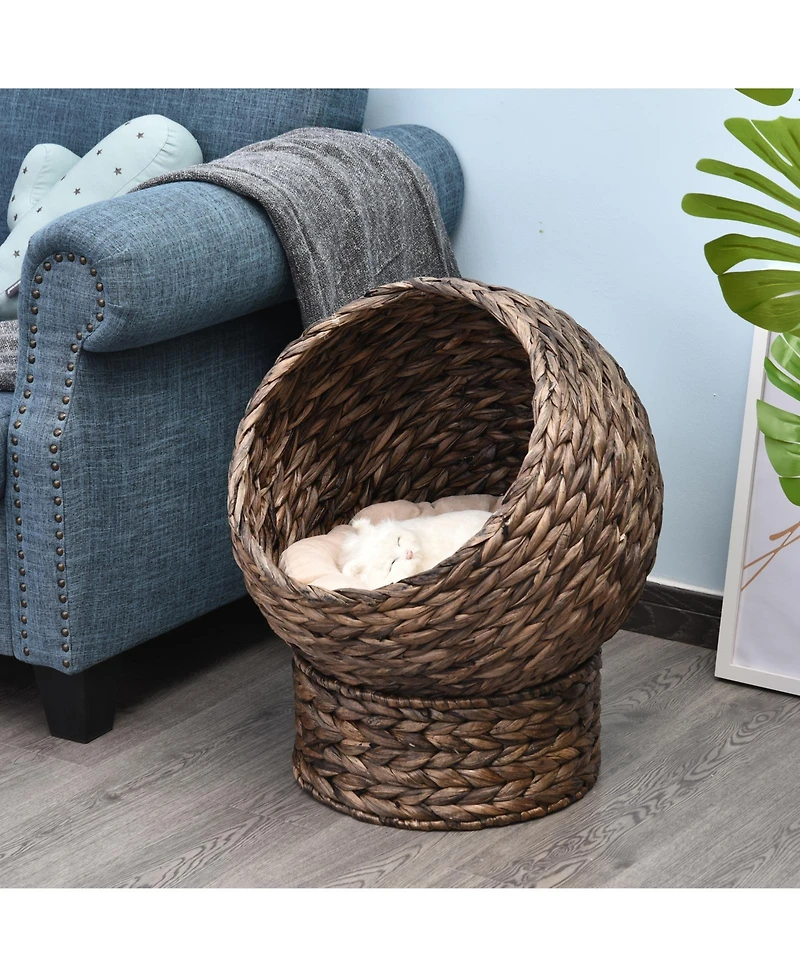 PawHut 23.5" Water Hyacinth Elevated Cat Kitten Bed Condo Pod Pet House Tree