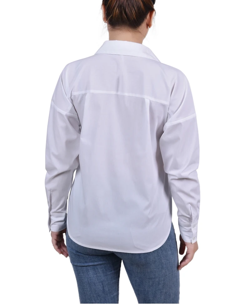 Ny Collection Petite Long Sleeve Hidden Placket Blouse with Studs