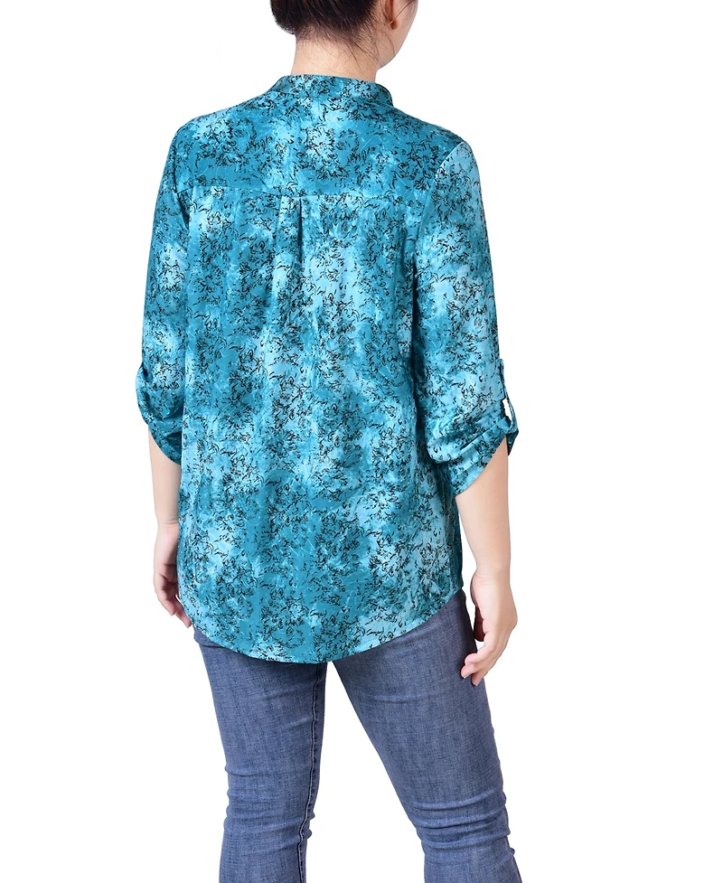 Ny Collection Petite 3/4 Roll Tab Sleeve Smocked-Yoke Top