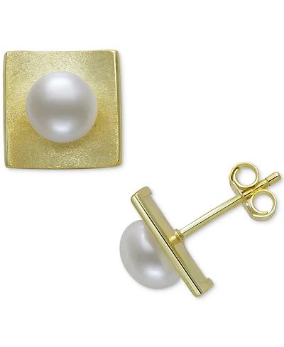 Belle de Mer Cultured Freshwater Button Pearl (7-8mm) Square Stud Earrings in 14k Gold-Plated Sterling Silver