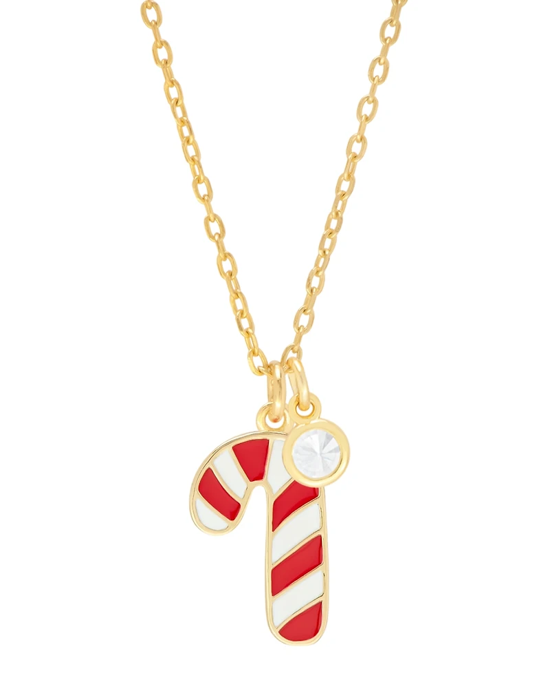 Lab-grown White Sapphire (5/8 ct. t.w.) & Enamel Candy Cane & Bezel Drop Pendant Necklace in 14k Gold-Plated Sterling Silver, 16" + 2" extender