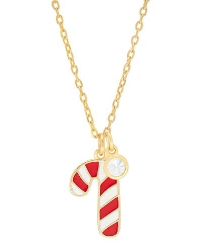 Lab-grown White Sapphire (5/8 ct. t.w.) & Enamel Candy Cane & Bezel Drop Pendant Necklace in 14k Gold-Plated Sterling Silver, 16" + 2" extender