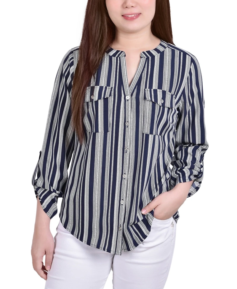 Petite 3/4 Sleeve Roll Tab Y Neck Blouse