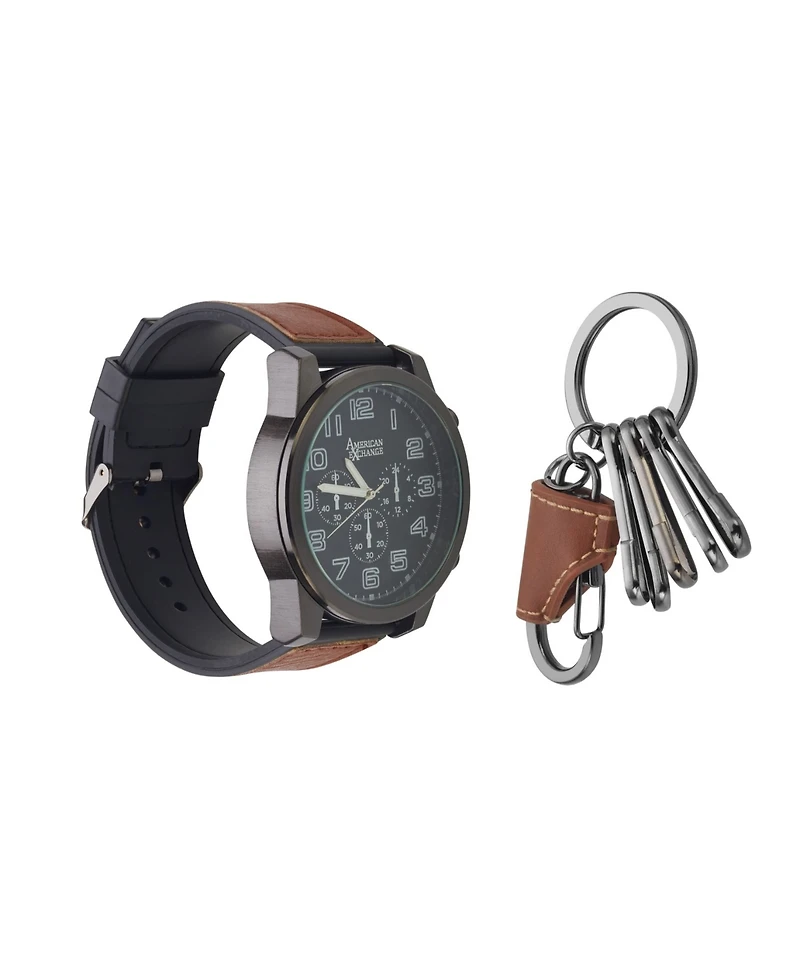 American Exchange Men's Quartz Movement Cognac Leather Strap Analog Watch, 48mm and Keychain with Zippered Travel Pouch