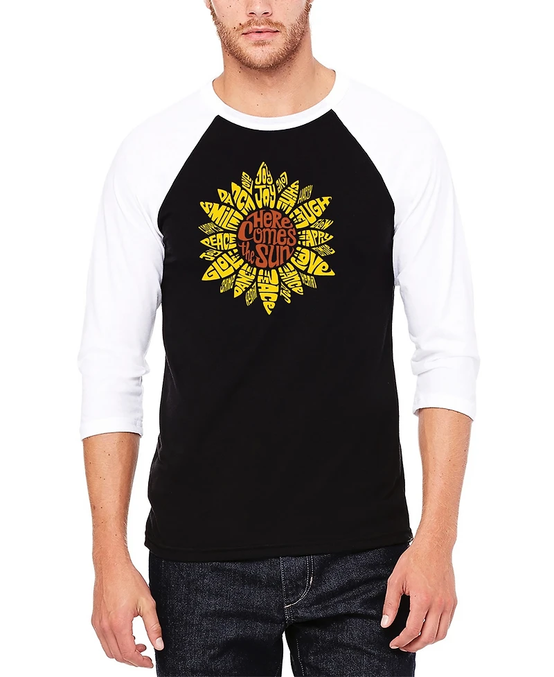 La Pop Art Men's Raglan Baseball 3/4 Sleeve Sunflower Word T-shirt