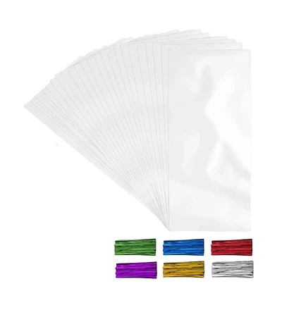 200 Pack Candy Treat Cellophane Bags - 5x7 Thick Plastic Candy Bags with Ties for Goodie Bags