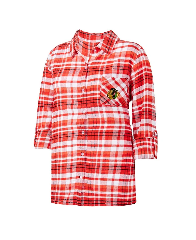 Women's Concepts Sport Red Chicago Blackhawks Mainstay Flannel Full-Button Three-Quarter Sleeve Nightshirt