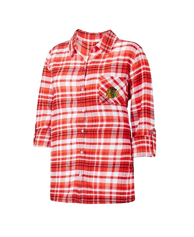 Women's Concepts Sport Red Chicago Blackhawks Mainstay Flannel Full-Button Three-Quarter Sleeve Nightshirt