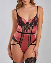 iCollection Women's Tatiana Underwire Padded Bra Stretch Satin and Lace Bodysuit with Velvet Trim