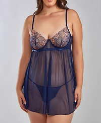 iCollection Lana Plus Underwire Soft Lace and Mesh Babydoll Lingerie Set, 2 Piece