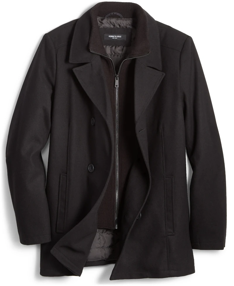 Kenneth Cole Men's Double Breasted Wool Blend Peacoat with Bib