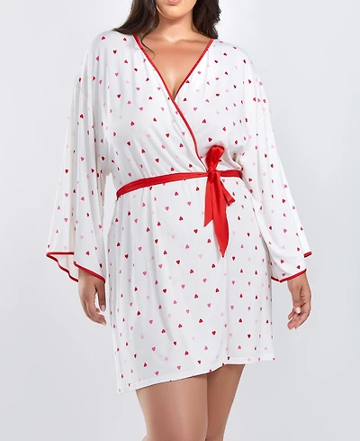 iCollection Kyley Plus Size Heart Print Robe with Contrast Self Tie Sash and Red Trim