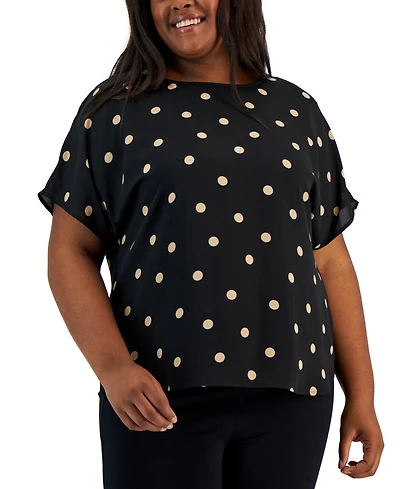 Anne Klein Plus Printed Bateau-Neck Short-Sleeve Blouse