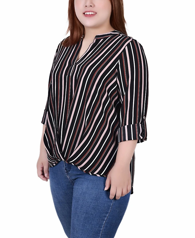 Ny Collection Plus 3/4 Sleeve Mandarin Collar Blouse with Front Pleats