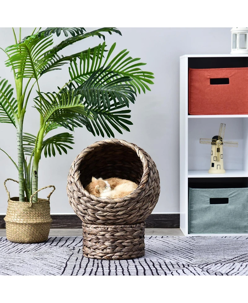 PawHut 20" Natural Braided Elevated Cat Bed Basket House Chair Dark Brown