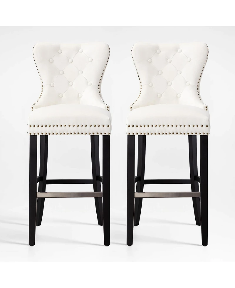 Tufted Upholstered Velvet Bar Stool with Metal Footrest (Set of 2