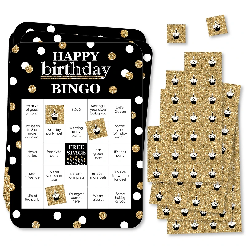 Adult Happy Birthday Gold Find the Guest Bingo Cards & Markers Bingo Game 18 Ct