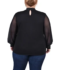 Ny Collection Plus Size Long Mesh Sleeve Pullover Top with Jewels