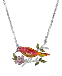 2028 Silver-Tone Red and Yellow Enameled Bird and Flower Pendant Necklace