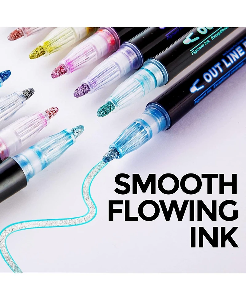 Double Line Outline Markers - 12 Dual Colored Outline Pens Self-Outline Metallic Markers