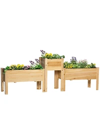 Raised Garden Bed, Set of 3 Wood Box & Trough Planters, Draining