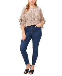 Vince Camuto Plus Size Cheetah-Print Pintuck V-Neck 3/4- Flutter-Sleeve Blouse