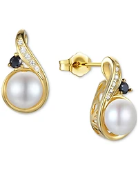 Cultured Freshwater Pearl (6mm), Onyx, & Diamond Earrings in 10k Gold