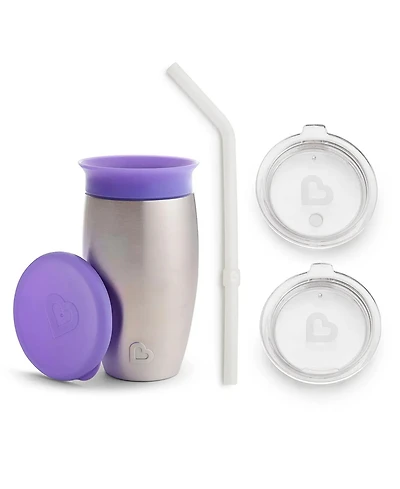 Munchkin Toddler Stainless Steel 360 Sippy Cup and 3 piece Sipper and Straw Lid, Purple