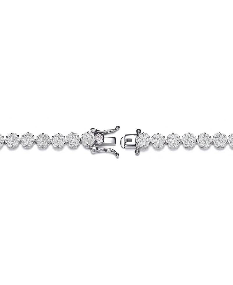 Sterling Silver with Rhodium Plated Clear Marquise and Round Cubic Zirconia Flower Design Tennis Bracelet